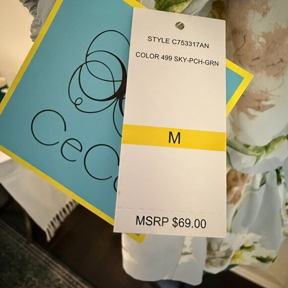 CeCe Floral Peplum Blouse with Tie-Back Detail – NWT – Size M – Sky/Peach/Green - Picture 5 of 5